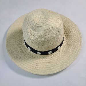 Steve Madden Natural Straw Wide-Brim Hat with Black Band and Shells